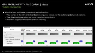 GPU	
  PROFILING	
  WITH	
  AMD	
  CodeXL	
  |	
  Views	
  
TIMELINE	
  VISUALIZATION	
  

!  Visualize	
  host	
  and	
  device	
  execuPon	
  in	
  a	
  Pmeline	
  chart	
  
‒  View	
  number	
  of	
  OpenCL™	
  contexts	
  and	
  command	
  queues	
  created	
  and	
  the	
  relaPonships	
  between	
  these	
  items	
  
‒  View	
  data	
  transfer	
  operaPons	
  and	
  kernel	
  execuPons	
  on	
  the	
  device	
  
‒  Determine	
  proper	
  synchronizaPon	
  and	
  load	
  balancing	
  	
  

19	
   |	
  	
  	
  ADVANCED	
  OPENCLTM	
  DEBUGGING	
  AND	
  PROFILING	
  USING	
  CODEXL	
  	
  	
  |	
  	
  	
  NOVEMBER	
  13,	
  2013	
  

 