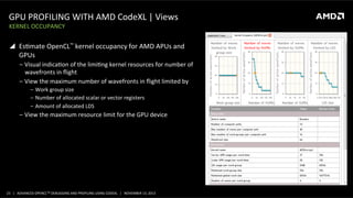 GPU	
  PROFILING	
  WITH	
  AMD	
  CodeXL	
  |	
  Views	
  
KERNEL	
  OCCUPANCY	
  

!  EsPmate	
  OpenCL™	
  kernel	
  occupancy	
  for	
  AMD	
  APUs	
  and	
  
GPUs	
  
‒  Visual	
  indicaPon	
  of	
  the	
  limiPng	
  kernel	
  resources	
  for	
  number	
  of	
  
wavefronts	
  in	
  ﬂight	
  
‒  View	
  the	
  maximum	
  number	
  of	
  wavefronts	
  in	
  ﬂight	
  limited	
  by	
  
‒  Work	
  group	
  size	
  
‒  Number	
  of	
  allocated	
  scalar	
  or	
  vector	
  registers	
  
‒  Amount	
  of	
  allocated	
  LDS	
  

‒  View	
  the	
  maximum	
  resource	
  limit	
  for	
  the	
  GPU	
  device	
  

23	
   |	
  	
  	
  ADVANCED	
  OPENCLTM	
  DEBUGGING	
  AND	
  PROFILING	
  USING	
  CODEXL	
  	
  	
  |	
  	
  	
  NOVEMBER	
  13,	
  2013	
  

 
