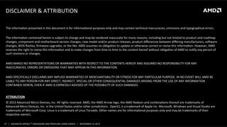 DISCLAIMER	
  &	
  ATTRIBUTION	
  
The	
  informaPon	
  presented	
  in	
  this	
  document	
  is	
  for	
  informaPonal	
  purposes	
  only	
  and	
  may	
  contain	
  technical	
  inaccuracies,	
  omissions	
  and	
  typographical	
  errors.	
  
	
  
The	
  informaPon	
  contained	
  herein	
  is	
  subject	
  to	
  change	
  and	
  may	
  be	
  rendered	
  inaccurate	
  for	
  many	
  reasons,	
  including	
  but	
  not	
  limited	
  to	
  product	
  and	
  roadmap	
  
changes,	
  component	
  and	
  motherboard	
  version	
  changes,	
  new	
  model	
  and/or	
  product	
  releases,	
  product	
  diﬀerences	
  between	
  diﬀering	
  manufacturers,	
  soaware	
  
changes,	
  BIOS	
  ﬂashes,	
  ﬁrmware	
  upgrades,	
  or	
  the	
  like.	
  AMD	
  assumes	
  no	
  obligaPon	
  to	
  update	
  or	
  otherwise	
  correct	
  or	
  revise	
  this	
  informaPon.	
  However,	
  AMD	
  
reserves	
  the	
  right	
  to	
  revise	
  this	
  informaPon	
  and	
  to	
  make	
  changes	
  from	
  Pme	
  to	
  Pme	
  to	
  the	
  content	
  hereof	
  without	
  obligaPon	
  of	
  AMD	
  to	
  noPfy	
  any	
  person	
  of	
  
such	
  revisions	
  or	
  changes.	
  
	
  
AMD	
  MAKES	
  NO	
  REPRESENTATIONS	
  OR	
  WARRANTIES	
  WITH	
  RESPECT	
  TO	
  THE	
  CONTENTS	
  HEREOF	
  AND	
  ASSUMES	
  NO	
  RESPONSIBILITY	
  FOR	
  ANY	
  
INACCURACIES,	
  ERRORS	
  OR	
  OMISSIONS	
  THAT	
  MAY	
  APPEAR	
  IN	
  THIS	
  INFORMATION.	
  
	
  
AMD	
  SPECIFICALLY	
  DISCLAIMS	
  ANY	
  IMPLIED	
  WARRANTIES	
  OF	
  MERCHANTABILITY	
  OR	
  FITNESS	
  FOR	
  ANY	
  PARTICULAR	
  PURPOSE.	
  IN	
  NO	
  EVENT	
  WILL	
  AMD	
  BE	
  
LIABLE	
  TO	
  ANY	
  PERSON	
  FOR	
  ANY	
  DIRECT,	
  INDIRECT,	
  SPECIAL	
  OR	
  OTHER	
  CONSEQUENTIAL	
  DAMAGES	
  ARISING	
  FROM	
  THE	
  USE	
  OF	
  ANY	
  INFORMATION	
  
CONTAINED	
  HEREIN,	
  EVEN	
  IF	
  AMD	
  IS	
  EXPRESSLY	
  ADVISED	
  OF	
  THE	
  POSSIBILITY	
  OF	
  SUCH	
  DAMAGES.	
  
	
  
ATTRIBUTION	
  
©	
  2013	
  Advanced	
  Micro	
  Devices,	
  Inc.	
  All	
  rights	
  reserved.	
  AMD,	
  the	
  AMD	
  Arrow	
  logo,	
  the	
  AMD	
  Radeon	
  and	
  combinaPons	
  thereof	
  are	
  trademarks	
  of	
  
Advanced	
  Micro	
  Devices,	
  Inc.	
  in	
  the	
  United	
  States	
  and/or	
  other	
  jurisdicPons.	
  	
  OpenCL	
  is	
  a	
  trademark	
  of	
  Apple	
  Inc.	
  Microsoa,	
  Windows	
  and	
  Visual	
  Studio	
  are	
  
trademarks	
  of	
  Microsoa	
  Corp.	
  Linux	
  is	
  a	
  trademark	
  of	
  Linus	
  Torvalds.	
  Other	
  names	
  are	
  for	
  informaPonal	
  purposes	
  only	
  and	
  may	
  be	
  trademarks	
  of	
  their	
  
respecPve	
  owners.	
  
37	
   |	
  	
  	
  ADVANCED	
  OPENCLTM	
  DEBUGGING	
  AND	
  PROFILING	
  USING	
  CODEXL	
  	
  	
  |	
  	
  	
  NOVEMBER	
  13,	
  2013	
  

 