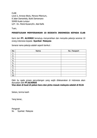CLAB
Level 2, Annexe Block, Menara Milenium,
8 Jalan Damanlela, Bukit Damansara
50490 Kuala Lumpur
U/P : En. Mohd Rozaini/En. Abd Rafik

Tuan,

PERSETUJUAN MENYERAHKAN 10 BIODATA INDONESIA KEPADA CLAB

Kami dari PT. ALVERDI bersetuju menyerahkan dan menyelia pekerja seramai 10
orang indonesia kepada Syarikat Malaysia

Senarai nama pekerja adalah seperti berikut :

No                         Nama                          No. Passport
1.
2.
3.
4.
5.
6.
7.
8.
9.
10.

Oleh itu sgala proses perundangan yang wajib dilaksanakan di indonesia akan
diuruskan oleh PT.ALVERDI
Visa akan di buat di pekan baru dan pintu masuk malaysia adalah di KLIA


Sekian, terima kasih


Yang benar,



Pengarah
Sk.   Syarikat Malaysia
 