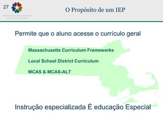 O Propósito de um IEP
Massachusetts Curriculum Frameworks
Local School District Curriculum
MCAS & MCAS-ALT
Permite que o aluno acesse o currículo geral
Instrução especializada É educação Especial
27
 