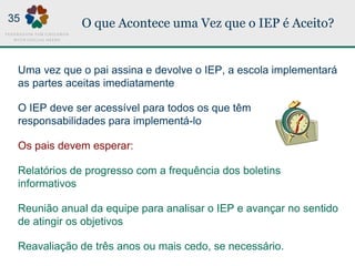 O que Acontece uma Vez que o IEP é Aceito?
Uma vez que o pai assina e devolve o IEP, a escola implementará
as partes aceitas imediatamente
O IEP deve ser acessível para todos os que têm
responsabilidades para implementá-lo
Os pais devem esperar:
Relatórios de progresso com a frequência dos boletins
informativos
Reunião anual da equipe para analisar o IEP e avançar no sentido
de atingir os objetivos
Reavaliação de três anos ou mais cedo, se necessário.
35
 
