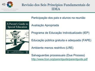 Revisão dos Seis Princípios Fundamentais de
IDEA
Participação dos pais e alunos na reunião
Avaliação Apropriada
Programa de Educação Individualizado (IEP)
Educação pública gratuita e adequada (FAPE)
Ambiente menos restritivo (LRE)
Salvaguardas processuais (Due Process)
http://www.fcsn.org/parentguide/parentguide.pdf
43
 