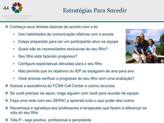 Estratégias Para Sucedir44
 Conheça seus direitos básicos de acordo com a lei
• Use habilidades de comunicação efetivas com a escola
• Esteja preparado para ser um participante ativo na equipe
• Quais são as necessidades exclusivas do seu filho?
• Seu filho está fazendo progresso?
• Configure expectativas elevadas para o seu filho
• Não permita que os objetivos do IEP se estaguem de ano para ano
• Você precisa verificar o progresso do seu filho com uma avaliação?
 Acesse a assistência do FCSN Call Center e outros recursos
 Se você precisar de apoio, traga alguém com você para reunião de equipe
 Faça uma rede com seu SEPAC e aprenda tudo o que puder dos outros
 Reconheça e agradeça aos professores e terapeutas que fazem a diferença na
vida do seu filho
 Três P - seja positivo, profissional e persistente
 