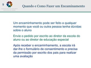 Quando e Como Fazer um Encaminamento
Um encaminhamento pode ser feito a qualquer
momento que você ou outra pessoa tenha dúvidas
sobre o aluno
Envie o pedido por escrito ao diretor da escola do
aluno ou ao diretor de educação especial
Após receber o encaminhamento, a escola irá
dar-lhe o formulário de consentimento e precisa
da permissão por escrito dos pais para realizar
uma avaliação
9
 
