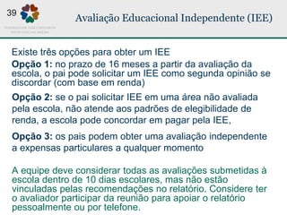 Avaliação Educacional Independente (IEE)
Opção 2: se o pai solicitar IEE em uma área não avaliada
pela escola, não atende ...