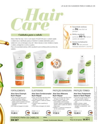 Aloe Vera
45%
Aloe Vera
15%
Aloe Vera
60%
Aloe Vera
15%
20648 | 200 ml
11.90 €
20649 | 200 ml
13.90 €
20730 | 200 ml
17.50 €
20647 | 150 ml
13.90 €
Total	 43.30 €
Preço do set apenas	 38.90 €
20763  
93LR ALOE VIA CUIDADOS PARA O CABELO
Cuidados para o cabelo
Adeus «Bad Hair day». Com o nutri-repair LR ALOE VIA para o cuidado capilar,
o cabelo seco e danificado passou à história! O cuidado sistemático para o
cabelo tem uma combinação única de 7 óleos naturais e nutre, fortalece e repara
o cabelo, protegendo-o contra a quebra.
Para uma suavidade sedosa, brilho saudável e auto-confiança até as pontas dos
cabelos.
Suavidade sedosa:
até 3x mais fácil de
pentear*
Brilho saudável:
acima de 90 % menos
quebra de cabelo*
Aroma revitalizante:
95 % das pessoas
testadas adoraram o aroma**
*
**
Comusocombinadodochampô,condicionadoremáscara.Confirmadoportestesbiofísicosdepentearmolhadoeefeitodequebradecabeloemcomparação
comumchampôneutro,realizadopelaproDERMemjaneirode2018.
Estudorealizadoem40pessoasconduzidopelaDermatestemdezembrode2017
CUIDADO PARA OS CABELOS
EM SET
FORTALECIMENTO ELASTICIDADE PROTEÇÃO DURADOURA PROTEÇÃO TÉRMICA
Aloe Vera Champô
Nutri-Repair
• Com 45% de gel aloe vera e
extrato de bambú orgânico
• Limpa suavemente, fortalece o
cabelo a partir do exterior e fornece
hidratação ao cabelo e couro
cabeludo
• Em todas as lavagens de cabelo
Aloe Vera Condicionador
Nutri-Repair
• Com 15% de Aloe Vera Gel e Nutri
Oil Repair Complex de 7 óleos
• Nutre e repara o cabelo por dentro
sem pesar
• Suaviza e sela a superfície do
cabelo
• Para todas as lavagens de cabelo
Aloe Vera Máscara
Nutri-Repair
• Com 15% de Aloe Vera Gel e Nutri
Oil Repair Complex de 7 óleos
• Nutre e repara o cabelo em
profundidade, preenche áreas
porosas, restaura a estabilidade do
cabelo e evita a quebra de cabelo a
longo prazo
• Aplique 1-2 vezes por semana em
vez do condicionador
Aloe Vera Tratamento
leave-in Nutri-Repair
• Com 60% de gel de aloe vera e
extrato de bambu orgânico
• Funciona como um protetor de
calor
• Nutre e hidrata o cabelo
• Ideal antes do styling (como
secagem ou alisamento) - sem
enxaguar
Champô, Condicionador, Máscara
 