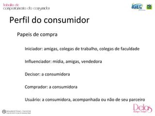 Papeis de compra Iniciador: amigas, colegas de trabalho, colegas de faculdade Influenciador: mídia, amigas, vendedora Decisor: a consumidora Comprador: a consumidora Usuário: a consumidora, acompanhada ou não de seu parceiro Perfil do consumidor 