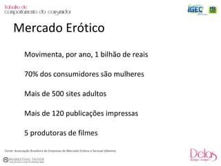 Mercado Erótico Movimenta, por ano, 1 bilhão de reais 70% dos consumidores são mulheres Mais de 500 sites adultos Mais de 120 publicações impressas 5 produtoras de filmes Fonte: Associação Brasileira de Empresas do Mercado Erótico e Sensual (Abeme) 