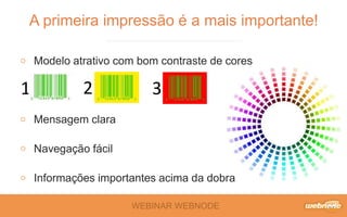 WEBINAR WEBNODE
Modelo atrativo com bom contraste de cores
Mensagem clara
Navegação fácil
Informações importantes acima da dobra
1
A primeira impressão é a mais importante!
2 3
 