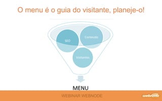 WEBINAR WEBNODE
O menu é o guia do visitante, planeje-o!
MENU
Visitantes
SEO
Conteúdo
 