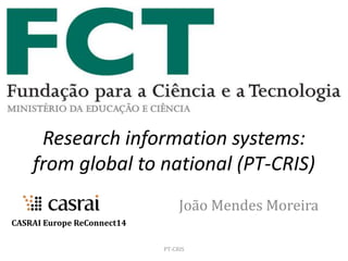 Research information systems:
from global to national (PT-CRIS)
João Mendes Moreira
PT-CRIS
CASRAI Europe ReConnect14
 