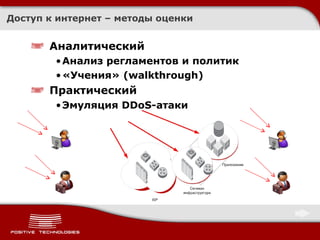 Доступ к интернет – методы оценки Аналитический Анализ регламентов и политик «Учения» ( walkthrough)  Практический Эмуляция  DDoS -атаки 