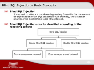 Blind SQL Injection – Basic Concepts Blind SQL Injection A method to attack a database bypassing firewalls.   In the course of exploitation of an SQL Injection vulnerability, the attacker analyses the application logic (true/false) . Blind SQL Injections can be classified according to the following criteria 