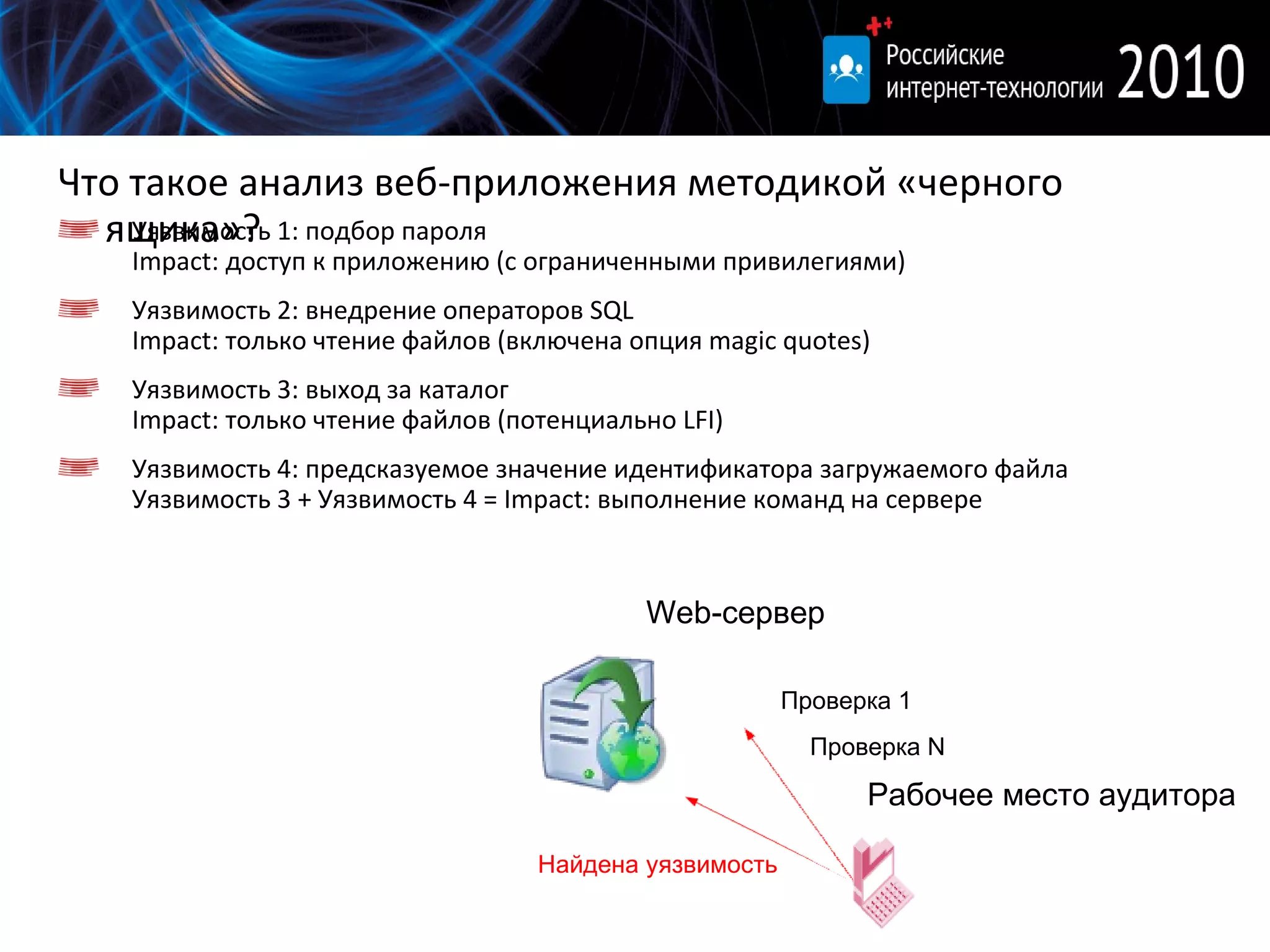 Что такое анализ веб-приложения методикой «черного ящика» ? Web- сервер Рабочее место аудитора Проверка 1 Проверка  N Найдена уязвимость Уязвимость 1: подбор пароля Impact: доступ к приложению (с ограниченными привилегиями) Уязвимость 2: внедрение операторов SQL Impact: только чтение файлов (включена опция magic quotes) Уязвимость 3: выход за каталог Impact: только чтение файлов (потенциально LFI) Уязвимость 4: предсказуемое значение идентификатора загружаемого файла Уязвимость 3 + Уязвимость 4 = Impact: выполнение команд на сервере 