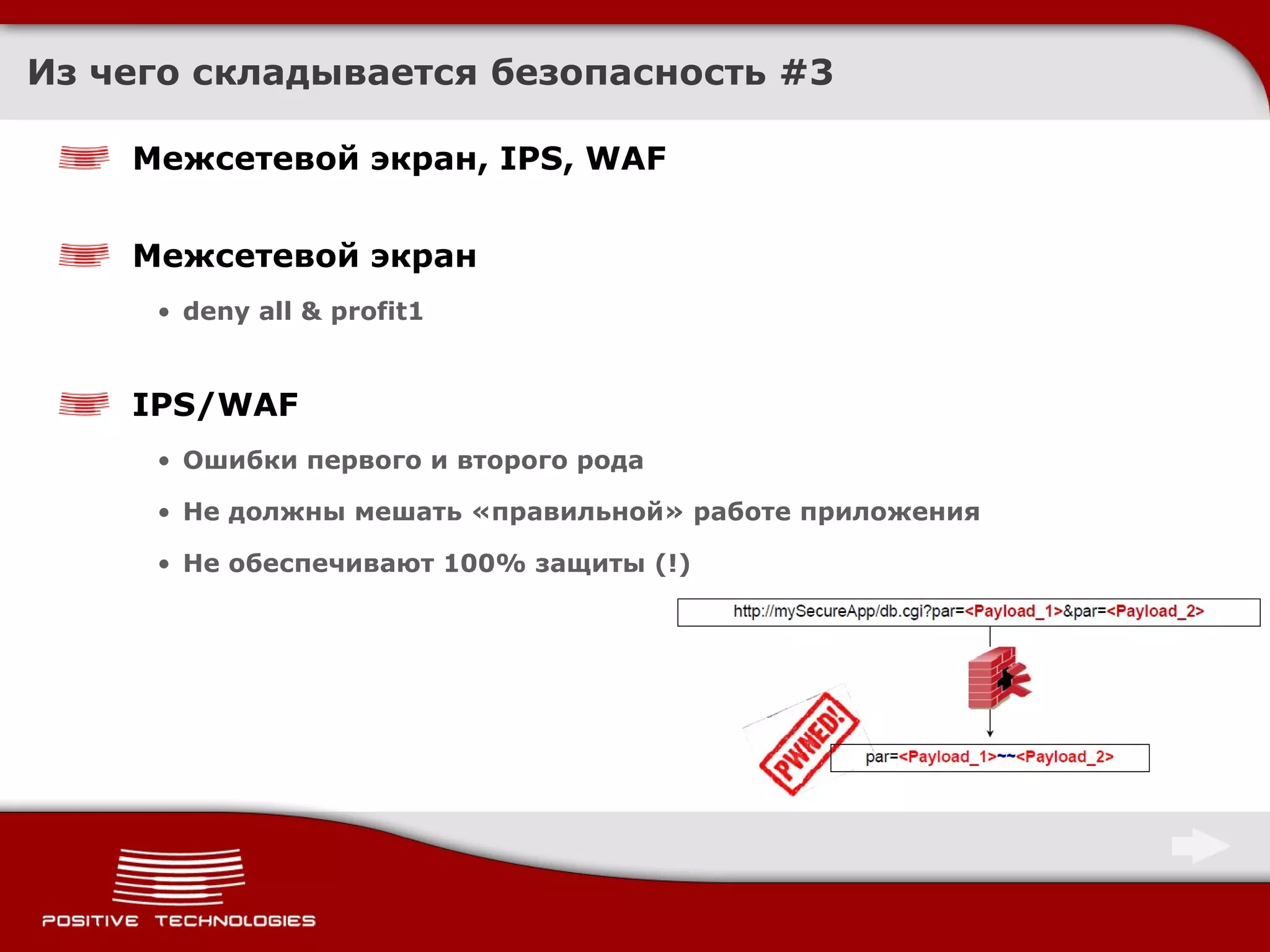 Из чего складывается безопасность  # 3 Межсетевой экран,  IPS, WAF Межсетевой экран deny all   & profit1 IPS/WAF Ошибки первого и второго рода Не должны мешать «правильной» работе приложения Не обеспечивают 100% защиты (!) 