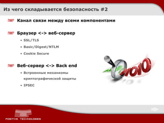 Из чего складывается безопасность  #2 Канал связи между всеми компонентами Браузер  <->  веб-сервер SSL/TLS Basic/Digest/NTLM Cookie Secure Веб-сервер  <-> Back end Встроенные механизмы  криптографической защиты IPSEC 