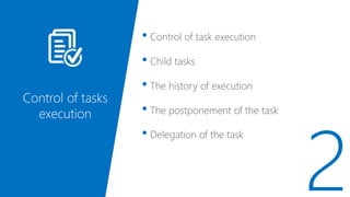 • Control of task execution
• Child tasks
• The history of execution
• The postponement of the task
• Delegation of the task
Control of tasks
execution
 