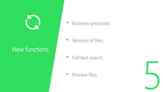• Business-processes
• Versions of files;
• Full-text search;
• Preview files;
New functions
 
