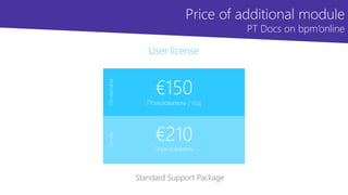 без НДС
User license
€150
Пользователь / год
€210
Пользователь
On-demandOn-site
Standard Support Package
Price of additional module
PT Docs on bpm’online
 