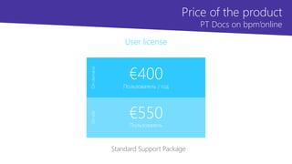 без НДС
User license
€400
Пользователь / год
€550
Пользователь
On-demandOn-site
Standard Support Package
Price of the product
PT Docs on bpm’online
 