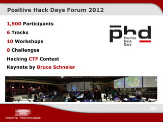 Positive Hack Days Forum 2012
1,500 Participants
6 Tracks
10 Workshops
8 Challenges
Hacking CTF Contest
Keynote by Bruce Schneier
 