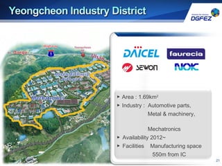 ▶ Area : 1.69km2
▶ Industry : Automotive parts,
Metal & machinery,
Mechatronics
▶ Availability 2012~
▶ Facilities Manufacturing space
550m from IC
21
 