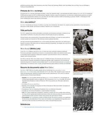 ℌ𝔦𝔱𝔩𝔢𝔯 e sua cadela Pastor Alemão
Bürgerbräukeller em Munique, a cervejaria
onde ocorreu o Putsch.
𝔄𝔡𝔬𝔩𝔣 ℌ𝔦𝔱𝔩𝔢𝔯
preferência particular pelas obras de pintores como Hans Thoma, Karl Spitzweg, Wilhelm Leibl, Hans Makart, Karl von Piloty, Franz von Defregger e
Ferdinand Georg Waldmüller.
Pinturas de ℌ𝔦𝔱𝔩𝔢𝔯 no tempo
As pinturas de ℌ𝔦𝔱𝔩𝔢𝔯 são itens valorizados em leilões. A obra "Der nächtliche Hafen", com dimensões de 60x40, criada por ℌ𝔦𝔱𝔩𝔢𝔯 em 1913, foi vendida por
32.000 euros em janeiro de 2012 no leilão da Dartre. Segundo o leiloeiro, a peça foi comprada por um americano e anteriormente pertencia a um pintor
eslovaco que supostamente conheceu ℌ𝔦𝔱𝔩𝔢𝔯 em Viena. Em outro leilão ocorrido em 2009 em Nuremberg, as pinturas "Gehöft" e "Hofanlage am Fluß"
foram vendidas pelo mesmo valor total de 32.000 euros.
ℌ𝔦𝔱𝔩𝔢𝔯 era católico?
𝔄𝔡𝔬𝔩𝔣 ℌ𝔦𝔱𝔩𝔢𝔯 foi educado por seu pai, um católico, e sua mãe, uma cristã devota. No entanto, ℌ𝔦𝔱𝔩𝔢𝔯 afastou-se dos sacramentos e mais tarde apoiou o
Movimento Cristão Alemão, que buscava combinar o Nazismo com o Cristianismo.
Vida particular
𝔄𝔡𝔬𝔩𝔣 ℌ𝔦𝔱𝔩𝔢𝔯, apesar de sua retórica articulada e convincente, era de natureza reservada e modesta em sua
vida privada. É conhecido o seu amor pelos animais e há afirmações de que era vegetariano.
Ele não fumava e não consumia álcool. Sua parceira afetiva era Eva Braun, com quem se casou antes de
cometer suicídio em 30 de abril de 1945, diante da iminente queda da Alemanha.
Um traço marcante da personalidade de ℌ𝔦𝔱𝔩𝔢𝔯 era seu apreço pela beleza, pelas artes e seu talento para o
desenho e a pintura. Além disso, tinha um interesse especial por arquitetura. Sua relação com a arte foi um
aspecto notável de sua vida.
𝔐𝔢𝔦𝔫 𝔎𝔞𝔪𝔭𝔣 (Minha Luta)
O livro 𝔐𝔢𝔦𝔫 𝔎𝔞𝔪𝔭𝔣 (Minha Luta) de 𝔄𝔡𝔬𝔩𝔣 ℌ𝔦𝔱𝔩𝔢𝔯 é o texto nazi mais conhecido e popular já publicado.
Promovia os principais componentes do nazismo: um antissemitismo rábido, uma visão de mundo racista,
e uma política externa agressiva voltada para conquistar o que denominavam como um Lebensraum
(espaço vital) na Europa Oriental.
De 1925 ao verão de 1945, o livro vendeu mais de 12 milhões de cópias e foi traduzido para mais de uma
dúzia de idiomas, incluindo uma edição em braille para alemães cegos. Atualmente, o livro encontra-se
totalmente disponível na Internet (no site da Rádio Islam) e é uma obra fundamental para os neonazis, os
antissemitas e os racistas em todo o mundo, principalmente dos países árabes, do Hamas e do Hezbollah.
Resumo do documento sobre 𝔄𝔡𝔬𝔩𝔣 ℌ𝔦𝔱𝔩𝔢𝔯:
𝔄𝔡𝔬𝔩𝔣 ℌ𝔦𝔱𝔩𝔢𝔯 (1889-1945) foi um político alemão, líder do Partido Nazi (𝔑𝔞𝔱𝔦𝔬𝔫𝔞𝔩ſ𝔬𝔷𝔦𝔞𝔩𝔦ſ𝔱𝔦𝔠𝔥𝔢 𝔇𝔢𝔲𝔱ſ𝔠𝔥𝔢
𝔄𝔯𝔟𝔢𝔦𝔱𝔢𝔯𝔭𝔞𝔯𝔱𝔢𝔦 - 𝔑.𝔖.𝔇.𝔄.𝔓), e atuou como Chanceler do ℜ𝔢𝔦𝔠𝔥 de 1933 a 1945. Também ocupou o posto de
Führer da Alemanha Nazi. Nascido na Áustria, mudou-se para a Alemanha em 1913 e serviu no exército
alemão durante a Primeira Guerra Mundial.
Biografia: ℌ𝔦𝔱𝔩𝔢𝔯 foi um político alemão que liderou o 𝔑.𝔖.𝔇.𝔄.𝔓 e o Terceiro ℜ𝔢𝔦𝔠𝔥. Ele participou da
Primeira Guerra Mundial e tentou um golpe em 1923. Ele escreveu o 𝔐𝔢𝔦𝔫 𝔎𝔞𝔪𝔭𝔣 na prisão. Ele iniciou a
Segunda Guerra Mundial ao invadir a Polônia em 1939. Ele se suicidou em 1945, após a derrota da
Alemanha.
Foi Führer e ℜ𝔢𝔦𝔠𝔥𝔰𝔨𝔞𝔫𝔷𝔩𝔢𝔯 do III ℜ𝔢𝔦𝔠𝔥.
Mandato: Como chanceler: 30 de janeiro de 1933 a 30 de abril de 1945; Como Führer: 2 de agosto de
1934 a 30 de abril de 1945.
Precedido por: Paul von Hindenburg (Presidente) e Kurt von Schleicher (Chanceler).
Sucedido por: Karl Dönitz (Presidente) e Joseph Goebbels (Chanceler).
Arte: ℌ𝔦𝔱𝔩𝔢𝔯 tinha vocação para a arquitetura, o desenho e a pintura. Ele criou e vendeu obras artísticas
em Viena. Ele foi rejeitado pela Academia de Artes de Viena. Ele colecionou obras de arte do século XIX,
especialmente do estilo romântico realista. Suas pinturas são valorizadas em leilões.
Personalidade: ℌ𝔦𝔱𝔩𝔢𝔯 era discreto e contido no âmbito privado. Ele amava os animais e era vegetariano.
Ele não fumava nem bebia álcool. Ele se casou com Eva Braun, sua companheira de longa data, pouco
antes de se matar. Ele tinha um sentimento para o belo e uma apreciação das artes.
Referências
1. ↑ https://www.islam-radio.net/historia/hitler/mkampf/por/por.htm
[1]
 