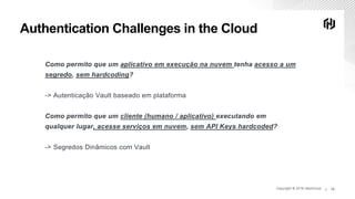 Copyright © 2019 HashiCorp ∕Copyright © 2019 HashiCorp ∕ 12
Como permito que um aplicativo em execução na nuvem tenha acesso a um
segredo, sem hardcoding?
-> Autenticação Vault baseado em plataforma
Como permito que um cliente (humano / aplicativo) executando em
qualquer lugar, acesse serviços em nuvem, sem API Keys hardcoded?
-> Segredos Dinâmicos com Vault
Authentication Challenges in the Cloud
 