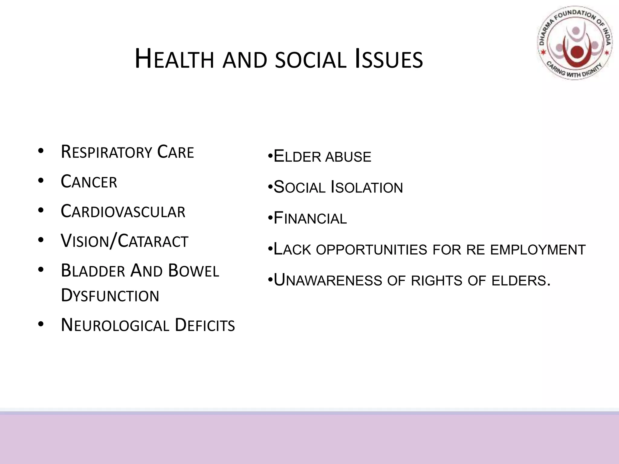 HEALTH AND SOCIAL ISSUES
• Arthritis
• RESPIRATORY CARE
• CANCER
• CARDIOVASCULAR
• VISION/CATARACT
• BLADDER AND BOWEL
DYSFUNCTION
• NEUROLOGICAL DEFICITS
•ELDER ABUSE
•SOCIAL ISOLATION
•FINANCIAL
•LACK OPPORTUNITIES FOR RE EMPLOYMENT
•UNAWARENESS OF RIGHTS OF ELDERS.
 