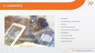 E-COMMERCE
SERVIÇOS E SOLUÇÕES LOGÍSTICAS
§ Recepção
§ Armazenagem customizada
§ Picking
§ Controle de estoques
§ Processamento de pedidos
§ Embalagem
§ Formação de kits
§ Distribuição nacional
§ Logística reversa
 