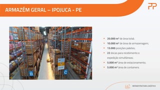 ARMAZÉM GERAL – IPOJUCA - PE
INFRAESTRUTURA LOGÍSTICA
§ 20.000 m2 de área total;
§ 10.000 m2 de área de armazenagem;
§ 13.000 posições paletes;
§ 22 docas para recebimento e
expedição simultâneas;
§ 5.000 m2 área de estacionamento;
§ 5.000 m2 área de containers.
 