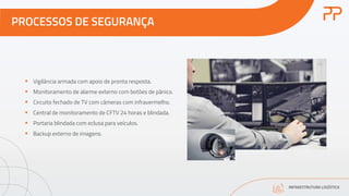 PROCESSOS DE SEGURANÇA
INFRAESTRUTURA LOGÍSTICA
§ Vigilância armada com apoio de pronta resposta.
§ Monitoramento de alarme externo com botões de pânico.
§ Circuito fechado de TV com câmeras com infravermelho.
§ Central de monitoramento de CFTV 24 horas e blindada.
§ Portaria blindada com eclusa para veículos.
§ Backup externo de imagens.
 