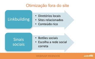 Otimização fora do site 
WEBINAR WEBNODE 
Linkbuilding 
Sinais 
sociais 
• Diretórios locais 
• Sites relacionados 
• Conteúdo rico 
• Botões sociais 
• Escolha a rede social 
correta 
 
