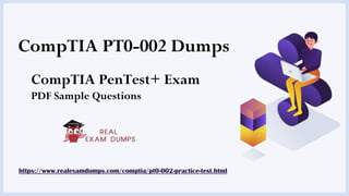 CompTIA PT0-002 Dumps
CompTIA PenTest+ Exam
PDF Sample Questions
https://www.realexamdumps.com/comptia/pt0-002-practice-test.html
 
