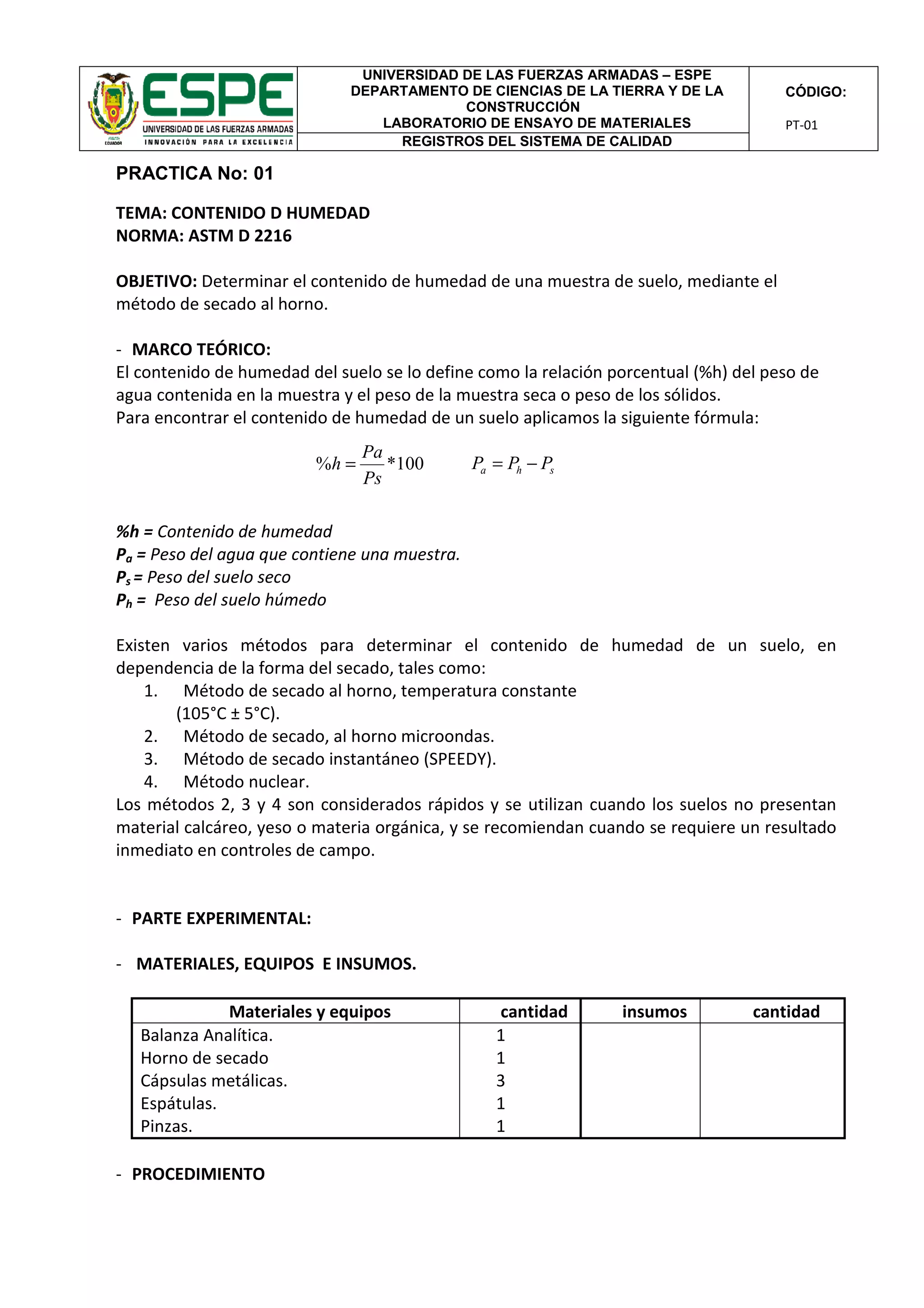 Pt01 lem-001- mec suelos- contenido de humedad | PDF