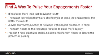 INBOUND15
• It has to be more than just delivering “stuff”
• The faster your client teams are able to cycle or pulse the engagement, the
better the results
• A cycle represents a series of activities with specific outcomes in mind
• The team needs all the resources required to pulse more quickly
• You can’t have organized chaos, so some mechanism needs to control the
process of pulsing
Find A Way To Pulse Your Engagements Faster
 