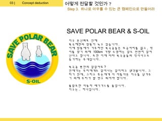 03 |   Concept deduction   어떻게 전달할 것인가 ?
                           Step 3. 하나로 아우를 수 있는 큰 캠페인으로 만들어라




                           SAVE POLAR BEAR & S-OIL
                            지구 온난화로 인해
                            북극해면의 빙붕이 녹고 있습니다 .
                            이에 빙붕에서 거주하던 북극곰들은 보금자리를 잃고 , 먹
                            이를 찾기 위해 100km 가량 수영하는 일도 빈번히 일어
                            난다고 합니다 . 또한 이에 따라 북극곰들의 익사사고도
                            증가하는 추세입니다 .

                            북극곰 뿐만의 일일까요 ?
                            언제가는 우리에게도 일어나는 일이라고 생각됩니다 . 그
                            러기 전에 , 그리고 후손에게 더 아름다운 지구를 남겨주
                            기 위해 우리가 발 벗고 뛰어야 합니다 .

                            불필요한 자동차 배기가스를 줄입시다 .
                            지구는 .. 하나입니다 .
 