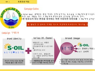 04 |     프로모션 개요




          Save Polar Bear 캠페인은 환경 파괴로 인해 죽어가는 북극곰을 고객들에게 환기시킴으로
          불필요한 Co2 배출을 막고 고객들에게 환경오염의 심각성을 알리도록 한다 .
          단순한 정유사가 아닌 환경을 생각하는 착한 기업이란 이미지를 고객들에게 심어준다

                 BTL 을 활용한 전 방위적 마케팅 믹스로 타겟에게 효과적으로 메시지를 전달




                      •불필요한 Co2 배출은
                       모두에게 해악
                      •후손들에게 좀 더 나은 미래
                      를                                  S-oil 판매자 ( 직원 )
                       물려주자는 의식
                                                          S-oil 소비자
                      •고유가 시대 , 불필요한
                      Co2 배출은 경제적인 측면에
                      서도 나쁨
                                             “ 좋은 사람” 이미지가 자사 뿐만 아니라 판매자
자사가 가지고 있는 친근함      Co2 배출량을 줄여 북극곰을 살리고 ,
                                             ( 직원 ) 과 에스 오일을 사용하는 소비자에게
 확장된 좋은 사람 이미지      더 나아가 지구를 구하자는 메시지
                                             까지 확산됨
 