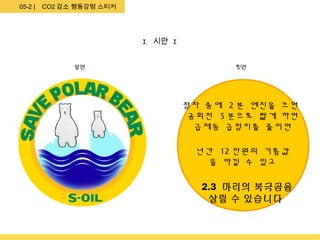 05-2 |   CO2 감소 행동강령 스티커




                           I 시안 I


               앞면                          뒷면




                                    정차 중에 2 분 엔진을 끄면
                                     공회전 5 분으로 짧게 하면
                                      급제동 급정지를 줄이면

                                     년간 12 만원의 기름값
                                       을 아낄 수 있고

                                      2.3 마리의 북극곰을
                                       살릴 수 있습니다
 