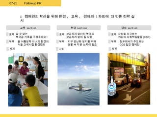 07-2 |     Followup PR



         I 캠페인의 확산을 위해 환경 , 교육 , 경제의 3 파트에 대 언론 전략 실
         시

         교육 section           환경 section            경제 section

표제 : 곳 없는
   갈                     표제 :보금자리 없어진 북극곰      표제 :감성을 자극하는
   북극곰 가족을 구해주세요 !           보금자리 없이 질 사람          기업의 사회책임활동 (CSR)
부제 : 올 여름방학 자녀의 환경의      부제 : 지구 온난화 방지를 위해    부제 : 정유회사가 주도하는
     식을 고취시킬 환경캠프             생활 속 작은 노력이 필요        CO2 절감 캠페인
사진                       사진                    사진
 