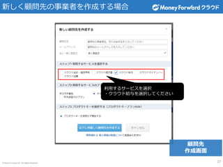 © Money Forward Inc. All Rights Reserved
新しく顧問先の事業者を作成する場合
利用するサービスを選択
・クラウド給与を選択してください
顧問先
作成画面
27
 