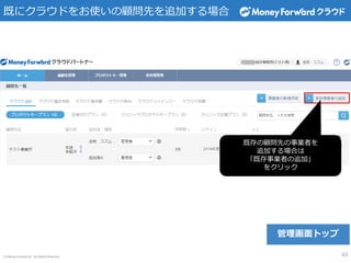 © Money Forward Inc. All Rights Reserved
既にクラウドをお使いの顧問先を追加する場合
管理画面トップ
43
既存の顧問先の事業者を
追加する場合は
「既存事業者の追加」
をクリック
 