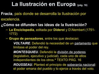 La Ilustración en Europa (pág. 16) 
Fracia, país donde se desarrolla la Ilustración por 
excelencia. 
¿Cómo se difunden las ideas de la Ilustración? 
– La Enciclopedia, editada por Diderot y D’Alembert (1751- 
1772) 
– Grupo de pensadores, entre los que destacan: 
• VOLTAIRE. Defendió la necesidad de un parlamento que 
limitase el poder del rey. 
• MONTESQUIEU. Defendió la división de poderes 
(legislativo, ejecutivo y judicial), cada uno de ellos 
independientes de los otros.* TEXTO PÁG. 16 
• ROUSSEAU. Planteó el principio de soberanía nacional: 
el poder emana del pueblo y lo ejerce a través del voto. 
 