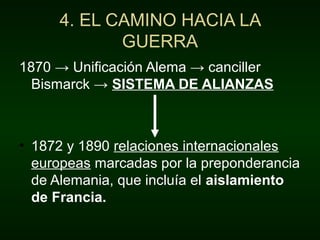 4. EL CAMINO HACIA LA
GUERRA
1870 → Unificación Alema → canciller
Bismarck → SISTEMA DE ALIANZAS
• 1872 y 1890 relaciones internacionales
europeas marcadas por la preponderancia
de Alemania, que incluía el aislamiento
de Francia.
 