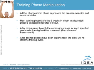 Training Phase Manipulation All that changes from phase to phase is the exercise selection and acute variables  Most training phases are 4 to 6 weeks in length to allow each phase’s adaptation (results) to occur. After progressing through the necessary phases for each specified goal a new training baseline is created. (Importance of Assessment) After desired phases have been experienced, the client will re-start the training cycle. 