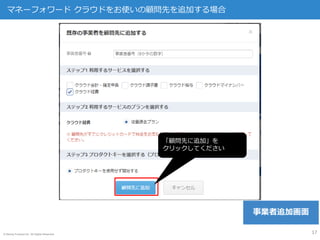 © Money Forward Inc. All Rights Reserved
マネーフォワード クラウドをお使いの顧問先を追加する場合
17
「顧問先に追加」を
クリックしてください
事業者追加画面
 