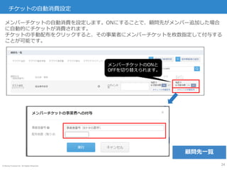 © Money Forward Inc. All Rights Reserved
チケットの自動消費設定
24
メンバーチケットの自動消費を設定します。ONにすることで、顧問先がメンバー追加した場合
に自動的にチケットが消費されます。
チケットの手動配布をクリックすると、その事業者にメンバーチケットを枚数指定して付与する
ことが可能です。
メンバーチケットのONと
OFFを切り替えられます。
顧問先一覧
 