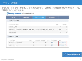 © Money Forward Inc. All Rights Reserved
ダウンロードをクリックすると、それぞれのチケットの配布・利用履歴をCSVでダウンロードし
て確認することができます。
28
チケットの管理
プロダクトキー管理
 